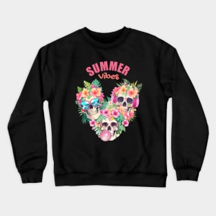 Three Tropical skull head with sunglasses,bubble gum balloon and headphones, leaves and flowers Crewneck Sweatshirt